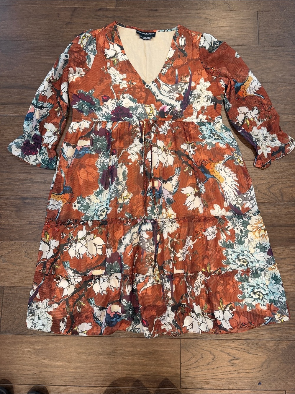 Anthropologie Hemant & Nandita ZERI Copper Floral Midi Dress Size 0P - C22-047